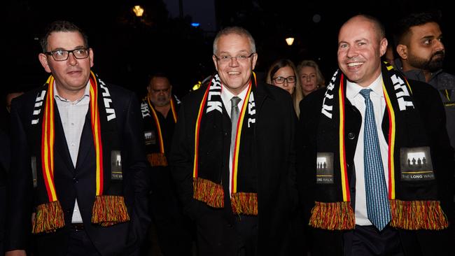 Daniel Andrews, former PM Scott Morrison and former federal treasurer Josh Frydenberg. Picture: AAP Image/Erik Anderson