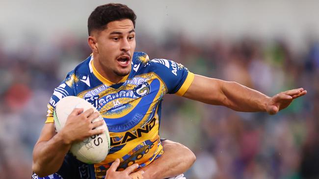 CANBERRA, AUSTRALIA - MAY 29: Dylan Brown of the Eels is tackled during the round 12 NRL match between the Canberra Raiders and the Parramatta Eels at GIO Stadium, on May 29, 2022, in Canberra, Australia. (Photo by Mark Nolan/Getty Images)