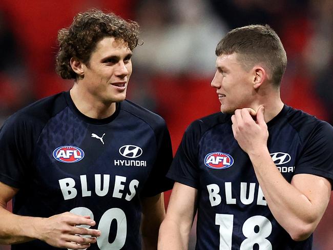 SYDNEY, AUSTRALIA - JULY 06: Charlie Curnow and Sam Walsh of the Blues warm up prior to the round 17 AFL match between Greater Western Sydney Giants and Carlton Blues at ENGIE Stadium, on July 06, 2024, in Sydney, Australia. (Photo by Brendon Thorne/AFL Photos/via Getty Images)