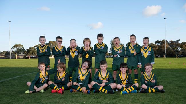 Leopold Bews under-9 football team pull their funniest faces. Picture: Brad Fleet