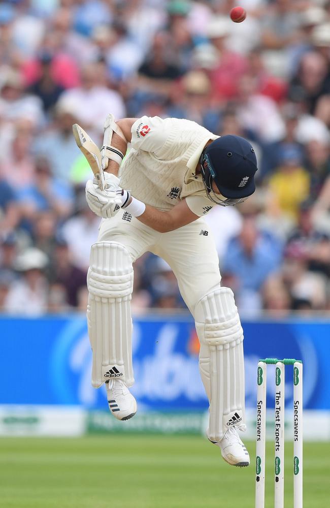 Stuart Broad ducks under a bouncer during his important first-innings knock. Picture: Stu Forster/Getty Images.