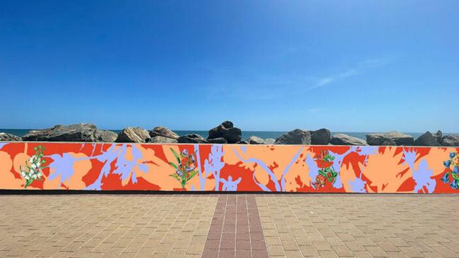 The finished mural along the Glenelg Esplanade seawall. Local residents are complaining that it’s “too bright”. Picture: City of Holdfast Bay