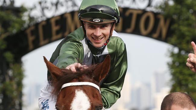 Jockey Jye McNeil returns to scale after he rode Kings Will Dream to victory in the Turnbull Stakes. Picture: Michael Klein.