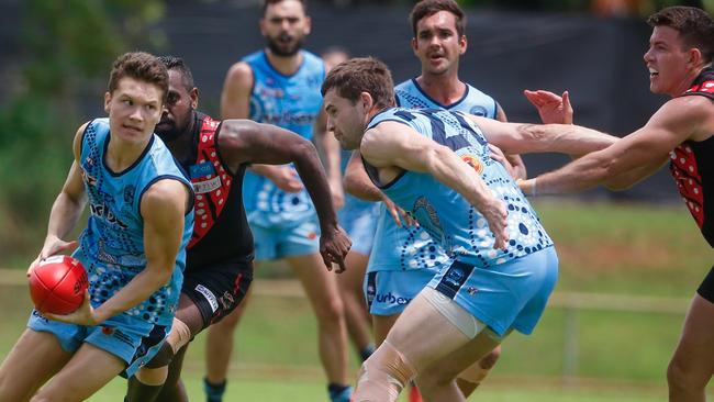 Isaac Seden-Kurnoth on the ball for the Buffs against the Tiwi Bombers. Picture: Glenn Campbell