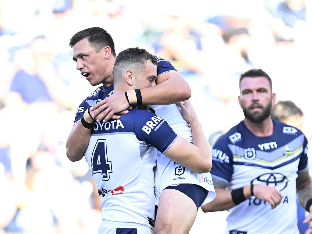 Zac Laybutt and Scott Drinkwater celebrate a try. Photo: Ian Hitchcock/Getty Images