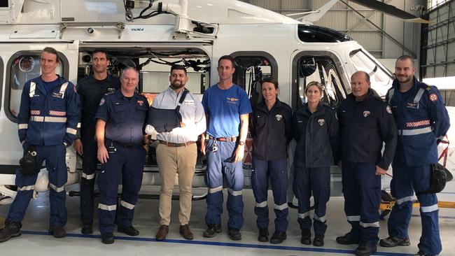 Saving lives: The team which helped save the life of Nicholas Hanania during the reunion at Bankstown Airport. Picture: Lawrence Machado