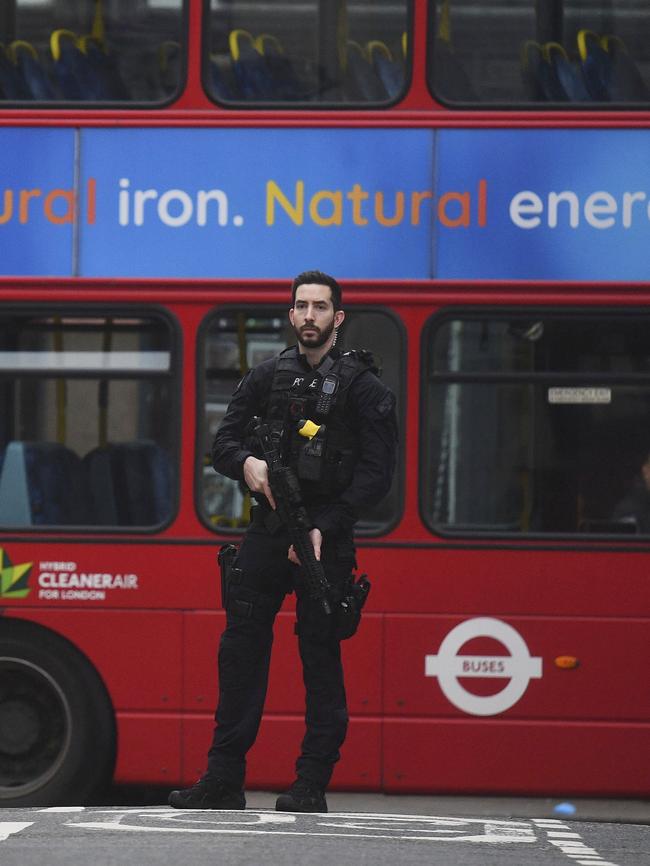 Police at the terror scene. Picture: Victoria Jones/PA via AP