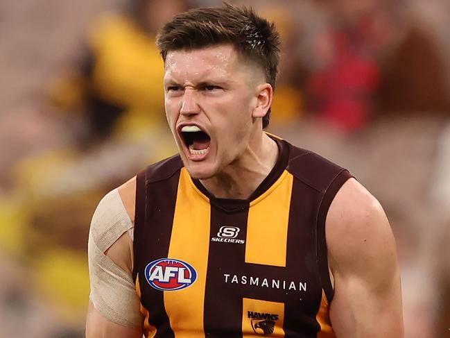 MELBOURNE, AUSTRALIA - JUNE 10: Mitch Lewis of the Hawks celebrates after scoring a goal during the round 13 AFL match between Hawthorn Hawks and Brisbane Lions at Melbourne Cricket Ground, on June 10, 2023, in Melbourne, Australia. (Photo by Robert Cianflone/Getty Images)