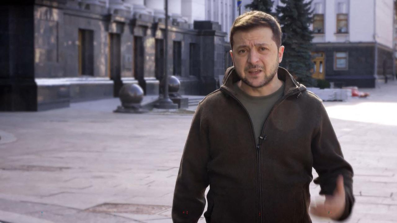 Ukrainian President Volodymyr Zelensky speaks face to camera in a street of Kyiv on March 11.