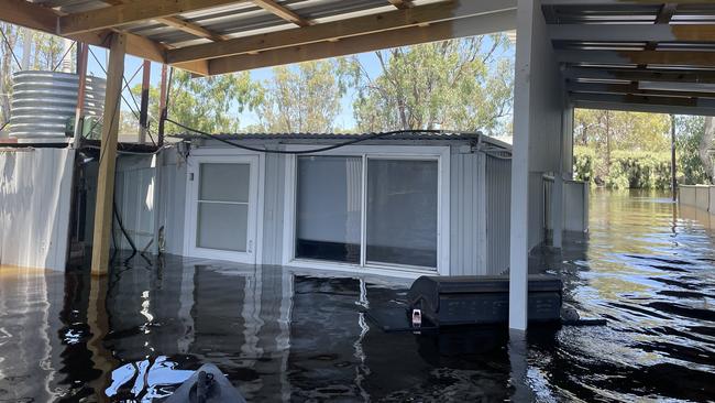 One of the many flooded shacks at Swan Reach. Picture: Joel Eglinton