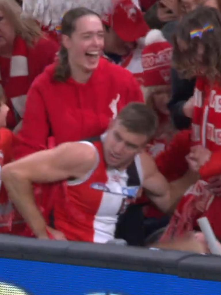 The St Kilda defender ended up in the Swans' cheer squad. Photo: Fox Footy.