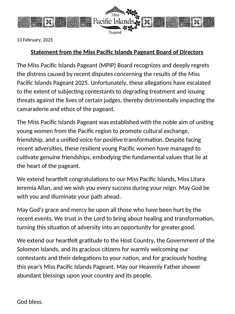 The Miss Pacific Islands Pageant board of directors described the online abuse as ‘concerning’. Picture: Miss Pacific Islands/Facebook