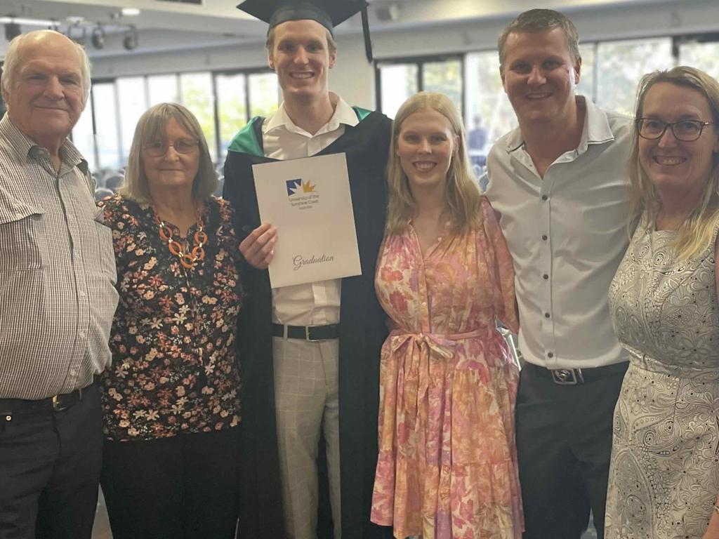 The Vandersee family at the University of the Sunshine Coast graduation ceremony at the Beach House Hotel on October 12, 2023.