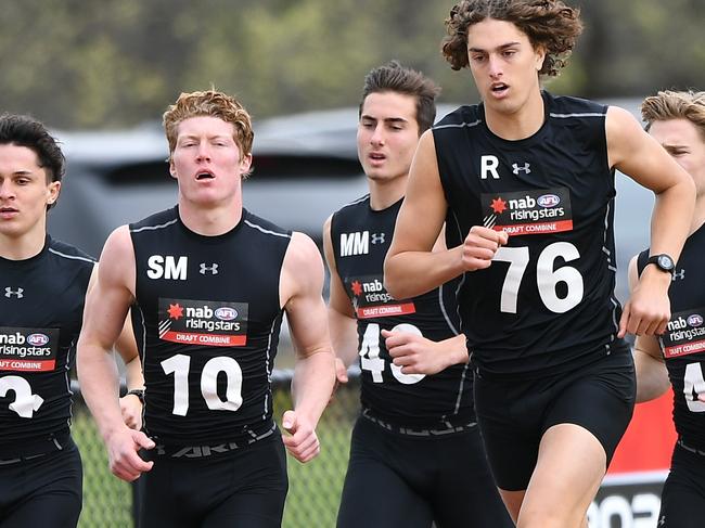 Leading into the 2019 draft Matt Rowell (second from left) was the standout talent, but picks 2 and 3 netted Noah Anderson and Luke Jackson (fourth from left). Picture: AAP Image/Julian Smith