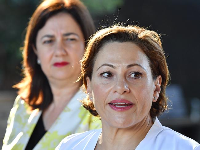 Queensland Premier Annastacia Palaszczuk (left) and Deputy Premier and Treasurer Jackie Trad (right) are seen at the announcement of the major contractors who have been appointed to build the Cross River Rail project in Brisbane, Thursday, April 4, 2019. The Cross River Rail project will encompass a 10.2 kilometre rail line that will run from Dutton Park to Bowen Hills in inner city Brisbane, with a 5.9 kilometre twin tunnel under the Brisbane River and CBD and four new underground stations and upgrades to existing stations. (AAP Image/Darren England) NO ARCHIVING