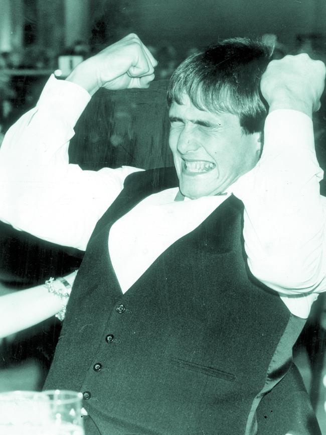 ’Plugger’ shows his joy after winning the Brownlow — shared with Hawks rover John Platten.