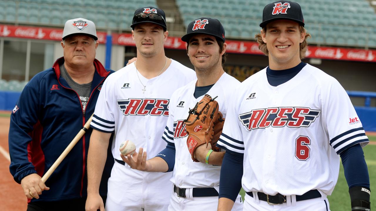 Coach Tommy Thompson, Adam Engel, Cody Buckel and Kellin Deglan. . Melbourne Aces hosts a come and try day for school kids at Melbourne Ballpark. Picture: Kris Reichl