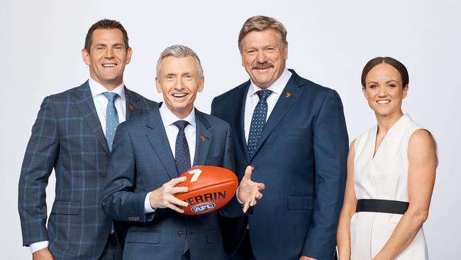 Luke Hodge, Bruce McAvaney, Brian Taylor and Daisy Pearce are part of Channel 7's AFL team in 2020. Picture: Channel 7