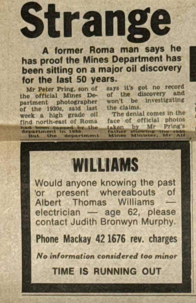 Bronwyn Murphy spent 60 years searching for her father, when she was 24 she placed an ad in the Queensland papers pleading for information. Years later, she discovered her father had died in South Australia, one year later. Picture: Supplied
