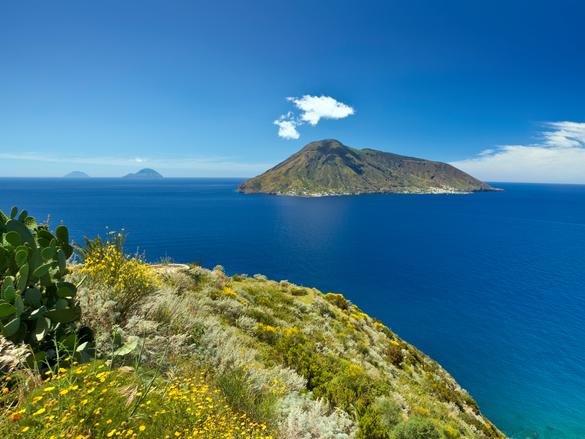 View from Lipari island on Salina, Filicudi and Alicudi islands.