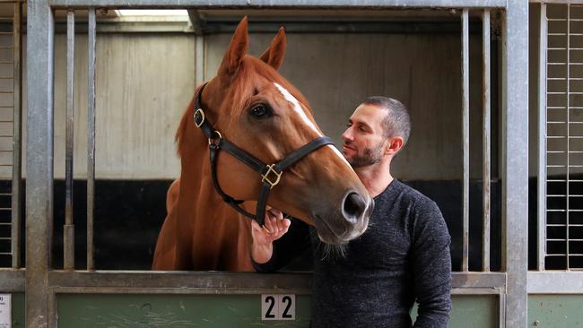 Horse owner Brae Sokolski with Melbourne Cup contender Finche, which has a serious chance in Tuesday’s race. Picture: Aaron Francis