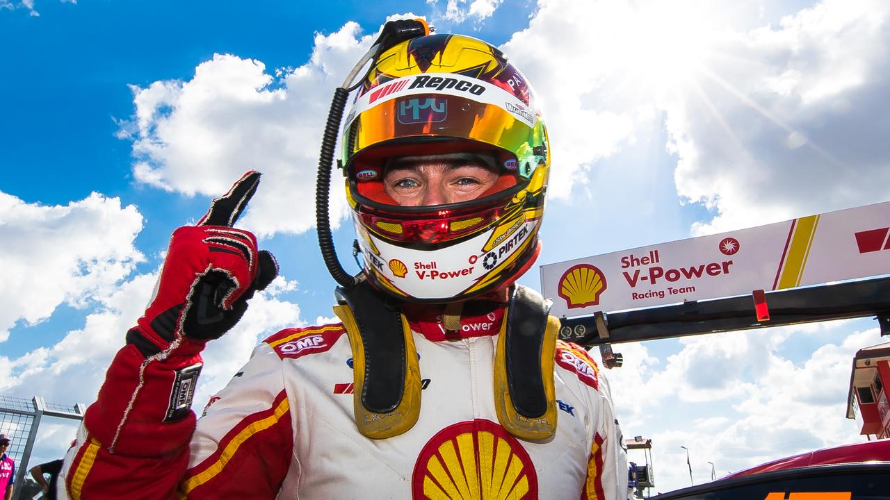 McLaughlin celebrates after taking pole position for Race 20.