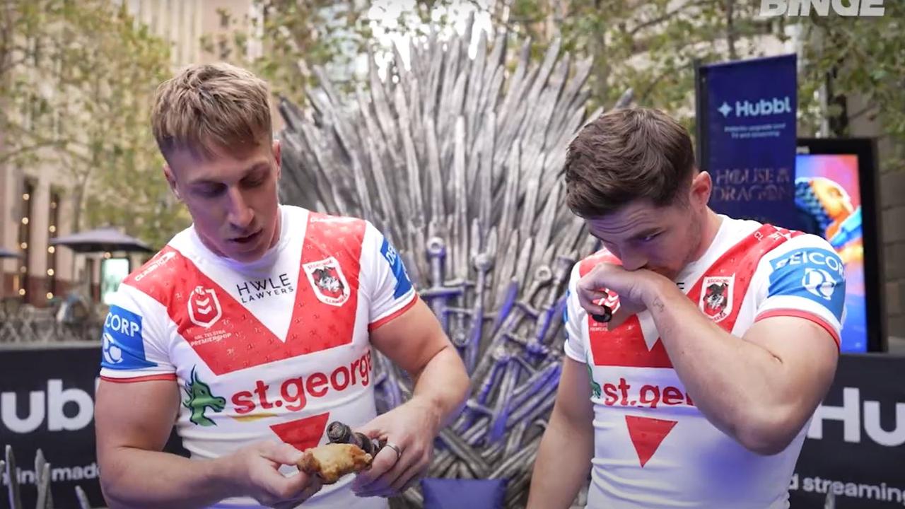 St. George Illawarra Dragons players Jesse Marschke (left) and Kyle Flanagan suck it up.