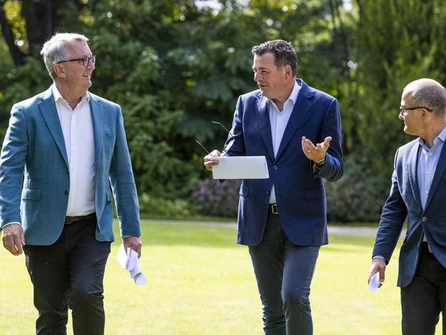 Martin Foley, Victorian Premier Daniel Andrews and Deputy Premier, James Merlino. Picture::Aaron Francis