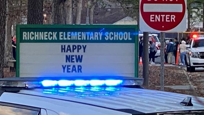 Police called to the school in Newport News, Virginia after the shooting on January 6. Picture: Billy Schuerman/The Virginian-Pilot/Tribune News Service via Getty Images