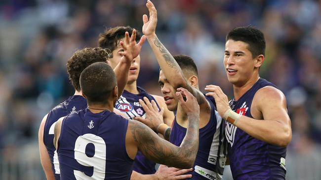 Michael Walters of the Dockers celebrates a goal during the round 17 win over the Power at Optus Stadium. Picture: Getty Images