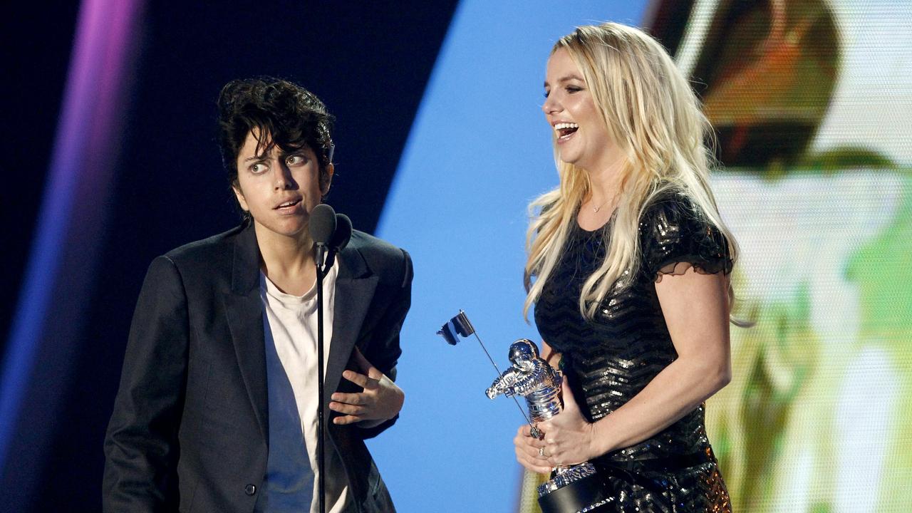 Lady Gaga dressed as her male alter ego Jo Calderone, presented Spears with the MTV Video Vanguard Award in 2011. Picture: Supplied