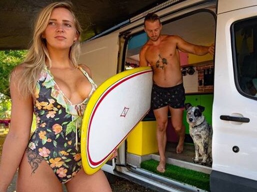 The couple have taken up surfing to keep them occupied during lockdown. Lucky for them, they are situated on a private beach. Picture: Instagram