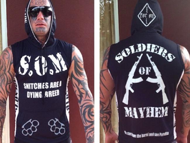 Brett ‘Kaos’ Pechey in his Soldiers of Mayhem gear, which he encouraged other tattooed mates to buy.