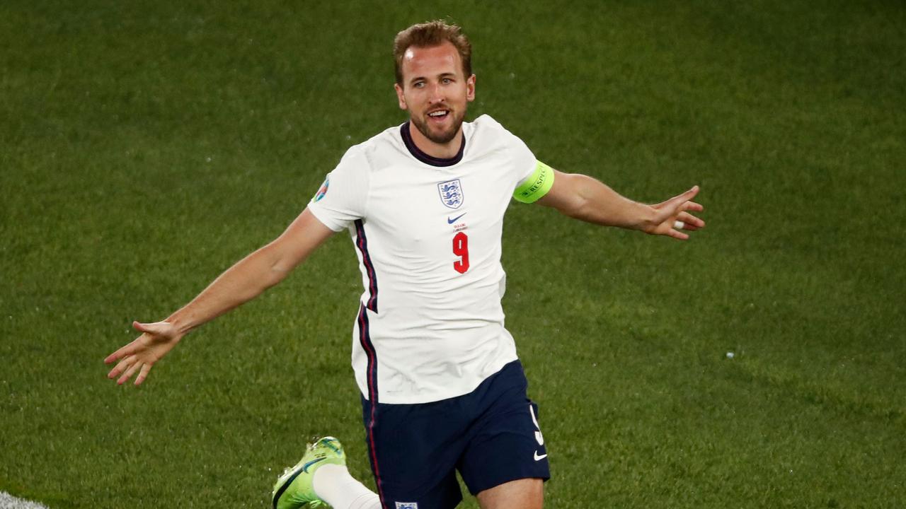 England's forward Harry Kane celebrates scoring the team's third goal during the UEFA EURO 2020 quarter-final football match between Ukraine and England at the Olympic Stadium in Rome on July 3, 2021. (Photo by ALESSANDRO GAROFALO / POOL / AFP)