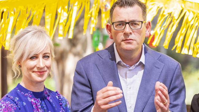 Victorian Premier Daniel Andrews (right) speaks to the media with his wife Catherine Andrews (left) at the Queen Elizabeth Centre in Noble Park, Melbourne, Monday, November 19, 2018. (AAP Image/Daniel Pockett) NO ARCHIVING