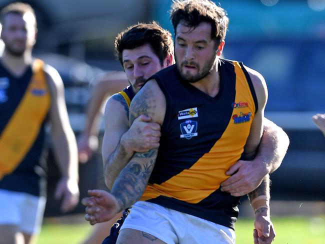 Lancefield captain/coach Matthew Bowden in action during  the RDFL Rupertswood v Lancefield football match in Sunbury, Saturday, June 8, 2019. Picture: Andy Brownbill