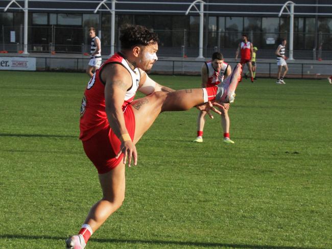 Isaiah Johnson kicks for goal in his Robinvale-Euston days Picture: Glenn Milne (supplied)