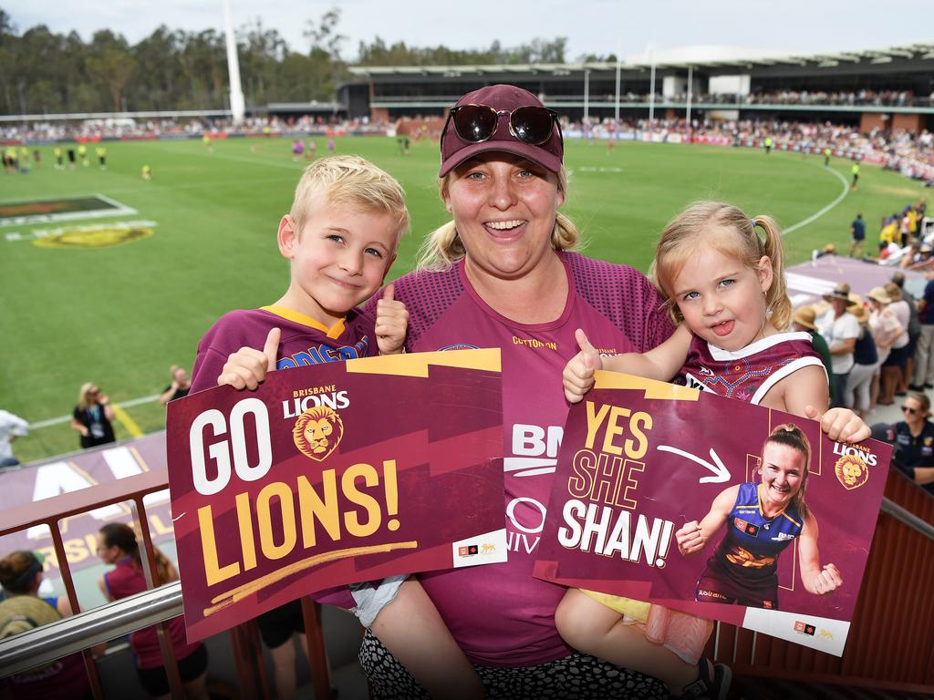 Balin, 6, Mel and Ivy Scott, 3, at the NAB AFLW grand final. Picture: Patrick Woods