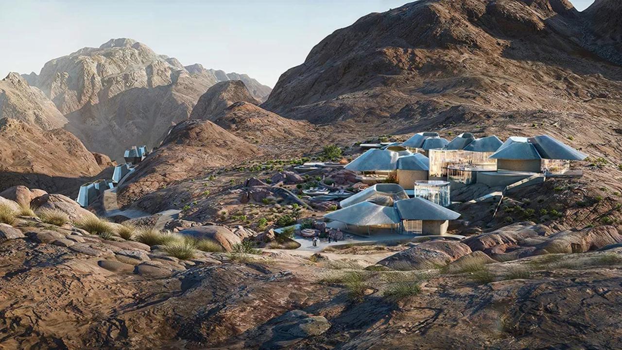 Mountain getaway. A concept image of holiday homes scattered among the rocky outcrops of Saudi Arabia’s Jebel al Lawz mountains. Picture: NEOM