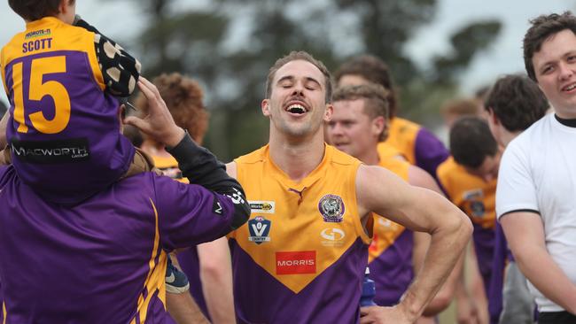 Thomson's Jacob Knight soaks up the Tigers’ preliminary final win in 2024. Picture: Alan Barber