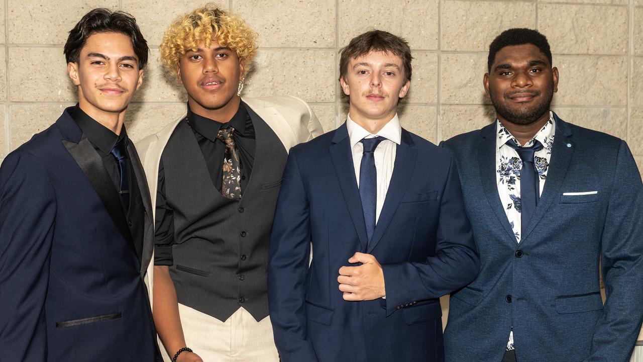 Mason McArthur, Taimui Heth, Drew Backhouse and James Kelleher at Sarina State High School Year 12 Formal Wednesday 16 November 2022. Picture: Michaela Harlow