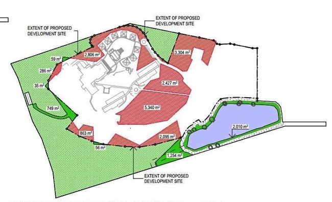 Plans show areas (in red) where trees and vegetation will be cleared from the Uniting Church&#39;s Alexandra Headland property should it proceed with its approved application to build 318 new units. Picture: Contributed