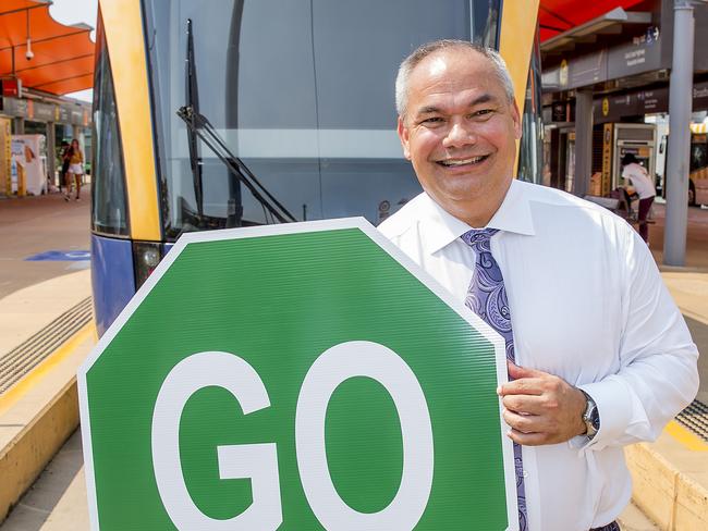 Announcement for Light Rail Stage 3A, from Broadbeach South to Burleigh. Gold Coast Mayor Tom Tate holding a GO sign.  Picture: Jerad Williams