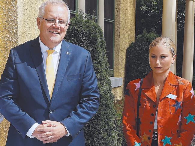 CANBERRA, AUSTRALIA NewsWire Photos JANUARY 25, 2022: Prime Minister Scott Morrison and his wife Jenny with Grace Tame, who appeared to be uncomfortable with the meeting. The PM spoke with at the 2022 Australian of the Year Finalists Morning Tea, at the Lodge in Canberra. Picture: NCA NewsWire / Gary Ramage Picture: NCA NewsWire / Gary Ramage