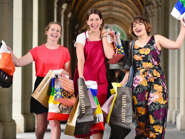 Maisie Adams, Ellen Healy, and Matilda Boseley shopping in Melbourne. Picture: Nicki Connolly