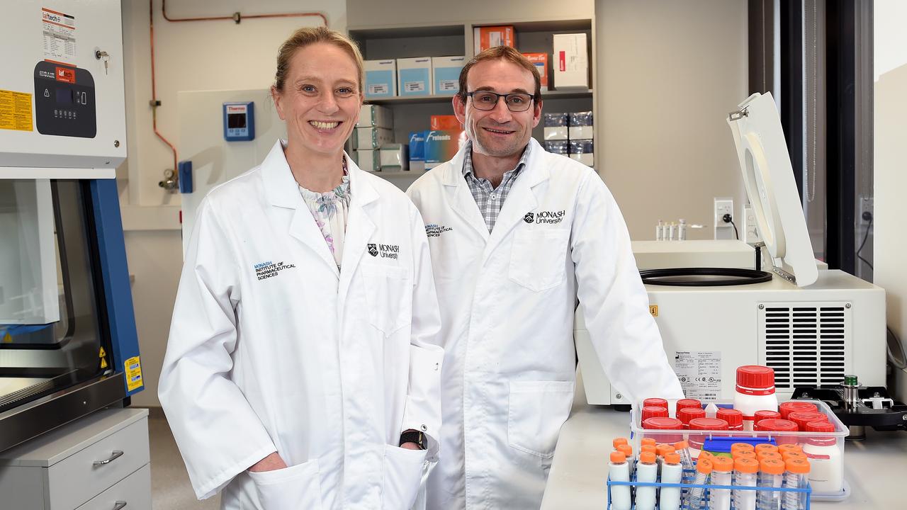 Associate Professor Natalie Trevaskis and Darren Creek in a lab at Monash University were part of a group of Australian researchers who have found 12 common medicines that could quickly be adapted to fight Covid. Picture: Josie Hayden