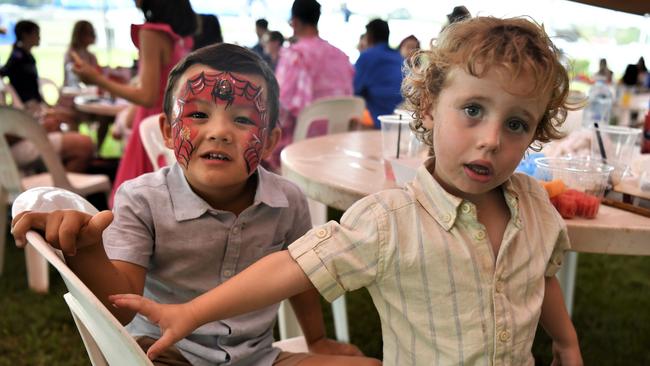 Logan Timms, 3, and Rueben Pagani, 3, at the Chief Minister's Cup Day at the Darwin Turf Club on Saturday, July 15.