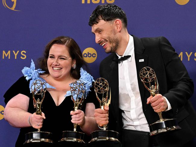 Baby Reindeer stars Jessica Gunning and Richard Gadd with the show’s awards. Picture: AFP