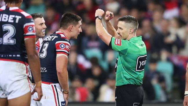 Victor Radley is placed on report by referee Peter Gough. Picture: Matt King/Getty