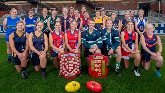 Some of the school teams with the Herald Sun Shields at Point Road Oval. Picture: Jay Town